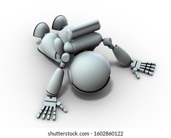 Artificial intelligence robots prostrate. He is despaired. White background. 3D illustration.