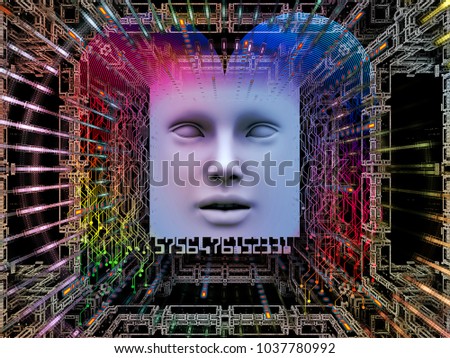 Artificial Intelligence series. Background design of 3D illustration of human face and computer elements on the subject of super human AI, computer consciousness  and technology