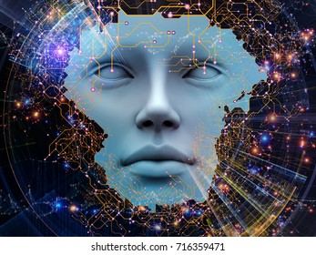 Artificial Intelligence Series. Composition Of 3D Illustration Of Human Face And Computer Elements Suitable As A Backdrop For The Projects On Super Human AI, Computer Consciousness  And Technology