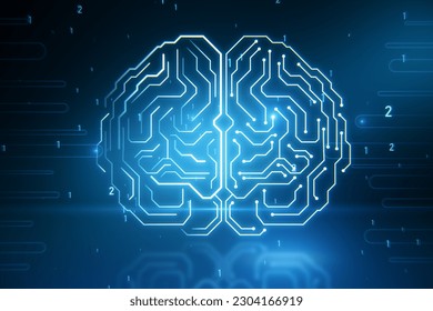 Artificial intelligence and smart tech concept with front view on digital glowing microcircuit in form of human brain on abstract blue technological background with 1 and 2 numbers. 3D rendering