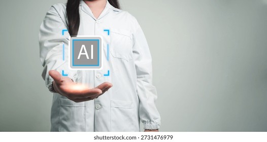 Artificial intelligence technology concept with AI icon interface floating above hand. Smart digital system, innovation solution, data processing, and automation for modern business and future technol