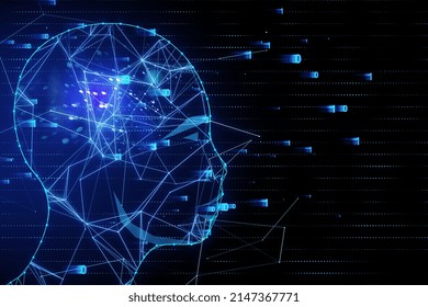 Artificial intelligence and virtual reality concept with human head silhouette made by lots of glowing digital lines, numbers and dots on abstract technological background. 3D rendering