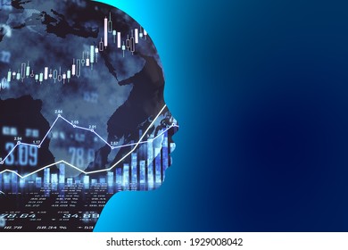 Artificial intellingence trade market concept with robot silhouette at blue background and forex chart financial graphs inside. Double exposure. 3D rendering