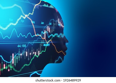 Artificial intellingence trading concept with robot silhouette at blue background and forex chart data with financial graphs inside. Double exposure. 3D rendering