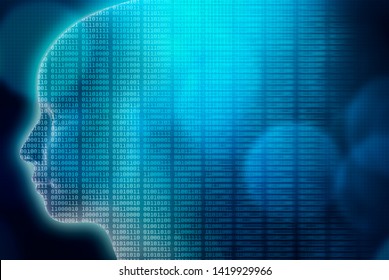 Artificial or Machine intelligence or AI illustration. 3d render human head profile with binary code. Transhumanism, advanced and futuristic technology, IT or computer science background or wallpaper