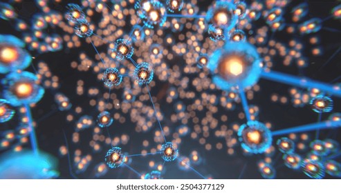 Artificial Neural Network inside cybernetic brain, glowing surface filled with neurons connected to axons, 3d render