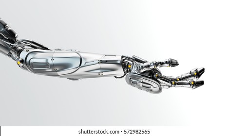 Artificial steel futuristic robotic arm with asking gesture, 3d render / Steel robotic arm stretched