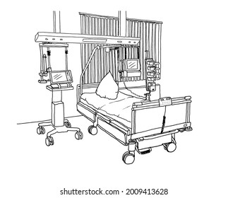 Artificial ventilation of the lungs, intensive care unit, resuscitation for patients with covid-19. Graphic sketch.