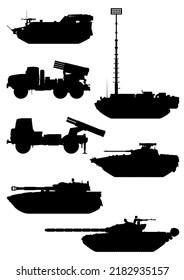 Artillery Silhouette Icons Set. Multiple Launch Rocket System And Electronic Warfare Complex. MLRS Illustration. 