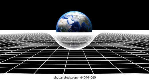 Artist Concept Of Earth Gravity Deforms Space-time Grid Over Universe. Spacetime Curvature. 3D Rendering.