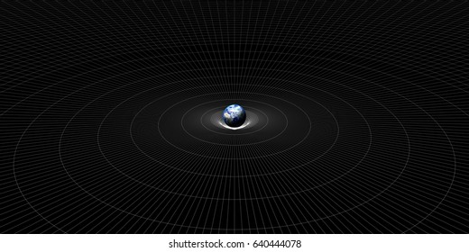 Artist Concept Of Earth Gravity Deforms Space-time Grid Over Universe. Spacetime Curvature. 3D Rendering.