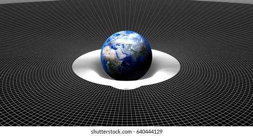 Artist Concept Of Earth Gravity Deforms Space-time Grid Over Universe. Spacetime Curvature. 3D Rendering.