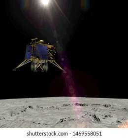 Artist Depiction Of The The Chandrayaan 2 Lunar Mission From India. The Vikram Lander Descending Onto The Lunar Surface (3d Illustration). Some Elements Provided By NASA.