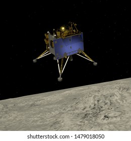 Artist Depiction Of The The Chandrayaan 2 Lunar Mission From India. The Vikram Lander Decending Onto The Lunar Surface 3d Illustration. Some Elements Provided By NASA.