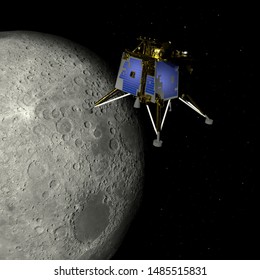 Artist Depiction Of The The Chandrayaan 2 Lunar Mission From India. The Vikram Lander Orbiting The Moon (3d Illustration). Some Elements Provided By NASA.