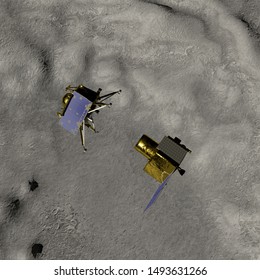 Artist Depiction Of The The Chandrayaan 2 Lunar Mission From India. The Vikram Lander Detaching From The Orbiter High Above The Lunar Surface (3d Illustration). Some Elements Provided By NASA.