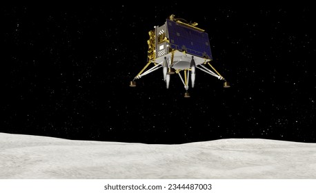 Representación artística de la misión lunar Chandrayaan 3 de la India. El resplandor lunar de Pragyan sobre la superficie de la luna con el lander de Vikram. (3d ilustración). Algunos elementos proporcionados por la NASA.