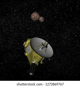 Artist Depiction Of The NASA New Horizons Probe In Deep Space Flying By Object 2014 MU69 Also Known As Ultima Thule (3d Illustration).