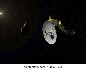 Artist Depiction Of The NASA New Horizons Probe In Deep Space Flying By Object 2014 MU69 Also Known As Ultima Thule (3d Illustration). - Illustration