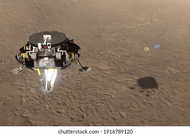 Artist Depiction Of The Tianwen-1 Mars Mission From China. The Lander Descending Onto The Surface Of Mars (3d Illustration). Some Elements Provided By NASA.