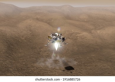 Artist Depiction Of The Tianwen-1 Mars Mission From China. The Lander Descending Onto The Surface Of Mars(3d Illustration). Some Elements Provided By NASA.