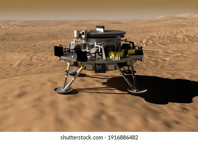 Artist Depiction Of The Tianwen-1 Mars Mission From China. The Lander On The Surface Of Mars(3d Illustration). Some Elements Provided By NASA.