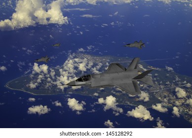 Artist Impression Of 4 F-35 Lightning II Aircraft At 30,000ft Altitude Over The Pacific Island Of Guam With Anderson Air Force Base Visible On The Northern End.