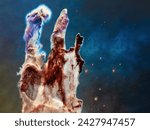 Artist impression of the Eagle Nebula Pillars of Creation. Multi coloured glow of gas clouds, wispy tendrils of dark cosmic dust. Elements of this 3D rendered illustration were furnished by NASA.