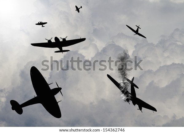 第2次世界大戦中の1940年に盛り上がったイギリスの戦いの場面を描いた芸術家の印象 ドイツの爆撃機を襲う英国の戦闘機 のイラスト素材