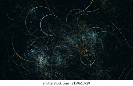 Artistic 3d flow of creative particles or elements such as strokes, curves, rings, dust and lines in golden blue hues over dark space. Great as cover print, background, blank for further design ideas.