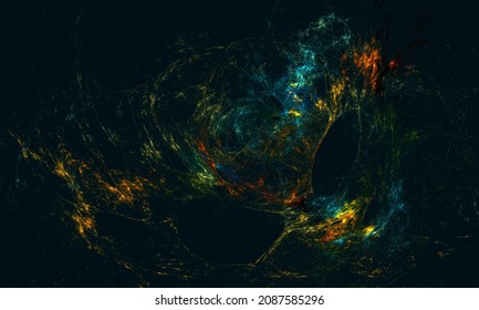 Artistic 3d Illustration Of Colorful Blue Orange Yellow Membrane, Fibers Or Substances In Deep Dark Space. Glowing Lightnings In Black Matter. Great As Design Element, Background, Print Or Wallpaper.