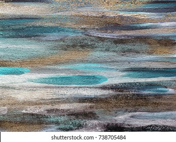 Artistic abstract colorful texture on canvas. Gold stripes, blue stains, black and white washes.