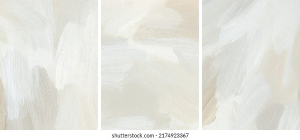 Artistic background set in neutral colors. Abstract hand painted acrylic template. Modern hand drawn painting on canvas. Art texture with paint brush strokes. Fragments of contemporary artwork Ilustrasi Stok