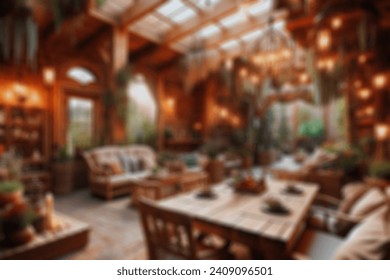 An artistic, blurred background featuring the interior of a vibrant beer garden. The scene showcases an open terrace, spacious tables, and a diverse array of beer selections. - Powered by Shutterstock