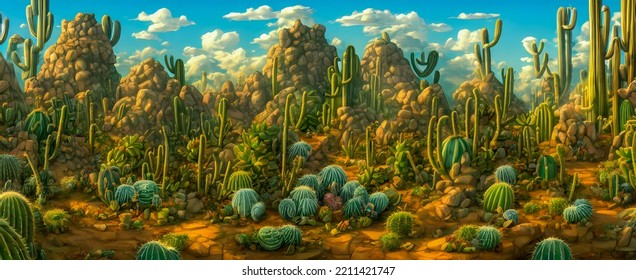 Artistic concept painting of a cacti on the desert, background 3d illustration. - Shutterstock ID 2211421747