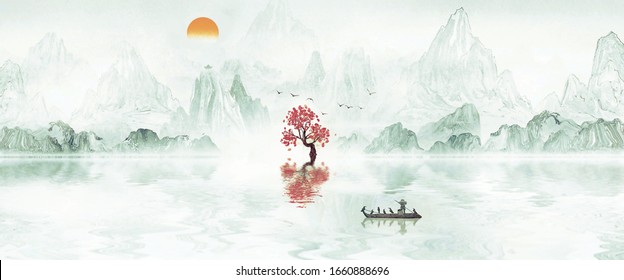Artistic conception landscape painting background illustration