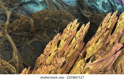Artistic creative 3d landscape of rocks, mountains or relief in mixed yellow and blue design. Fantastic world of digital mastic. Psychedelic abstraction great as background, overlay, cover print.
