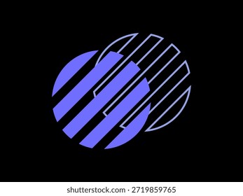 An artistic design featuring two overlapping circles with diagonal stripes. The purple tones and varying line weights create a sense of motion, transparency, and creative collaboration.