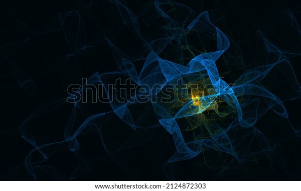 Artistic digital 3d fantasy on theme of sound\
waves, rhythm, music vibration and resonance. Blue net of waves\
with glowing yellow core fading in deep dark space. Great as cover\
print or\
background.