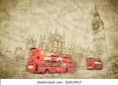 Artistic Digital Drawing Of London, The UK. Red Bus In Motion And Big Ben, The Palace Of Westminster. The Icons Of England In Vintage, Retro Style