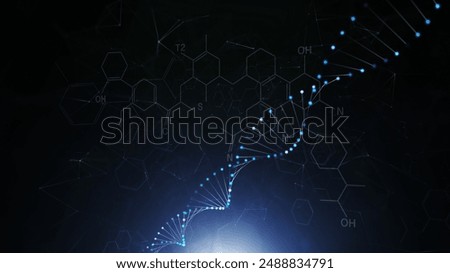 Artistic Dna molecule and abstract hexagonal chemical bonds. Three-dimensional copy space illustration background.	
