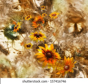 Artistic Grunge Background With Flowers, Oil Painting And Mixed Media