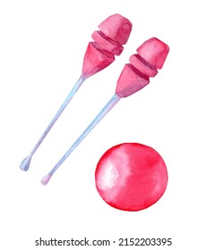 Artistic Gymnastic Mace And Pink Ball. Olympic Games. Funny Exercise Toy. Watercolor Illustration.