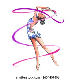 Artistic Gymnastics, Girl With A Ribbon, Watercolor Sketch