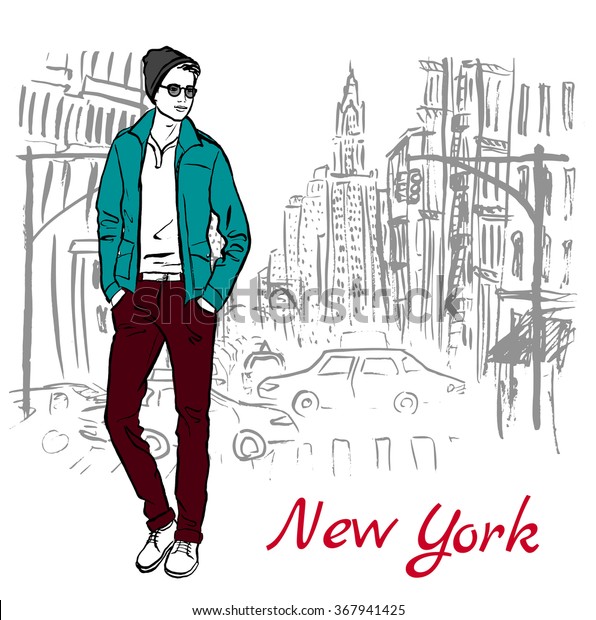 Artistic hand drawn sketch of man walking on street\
of New York,\
USA