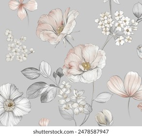 Artistic Hand drawn Watercolor Flower and Scroll Pattern