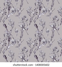 Artistic hand-drawing of flowers hesperis. Black liner on white paper. Seamless pattern. Design wallpaper, textiles, covers, fabrics, packaging, wrapping paper, backgrounds.