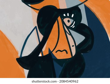 Artistic human abstract portrait cubist movement and picasso inspiration with orange terra colors shapes . Tranquil acrylic painting with pale color. Painting for art industry