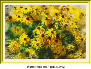 Artistic impressionist effect applied to bright yellow and orange flowers