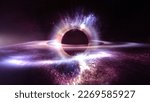 Artistic interstellar supermassive Black Hole in outer space. Astronomy concept 3D illustration. Orbiting mystery particles and wormhole accretion disk warping the event horizon of time and gravity.